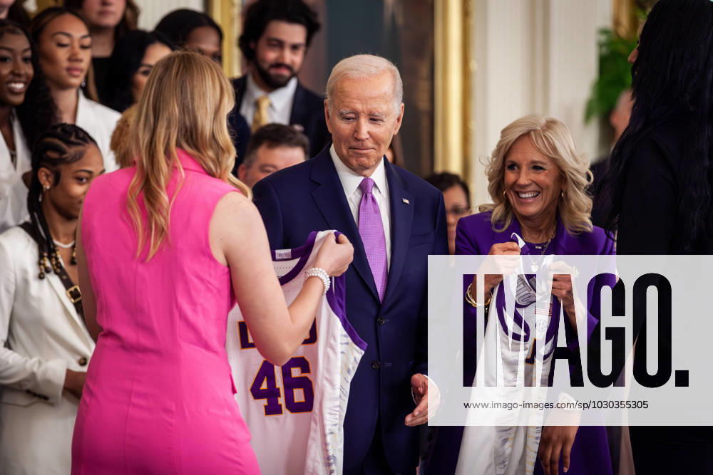 KW21 NCAA, College League, USA Champion LSU Womens basketball team visits the White House The co-captains of 2023 NCAA Championship Louisiana State University Womens basketball team NCAA Championship present commemorative jerseys to President Joe Biden and First Lady Dr. Jill Biden during a visit to the White House. It is a long-standing tradition for the President and First Lady to host championship winning teams in collegiate and professional sports. They are typically presented with jerseys bearing the presidents number; Biden is the 46th President of the United States. Washington DC United States
