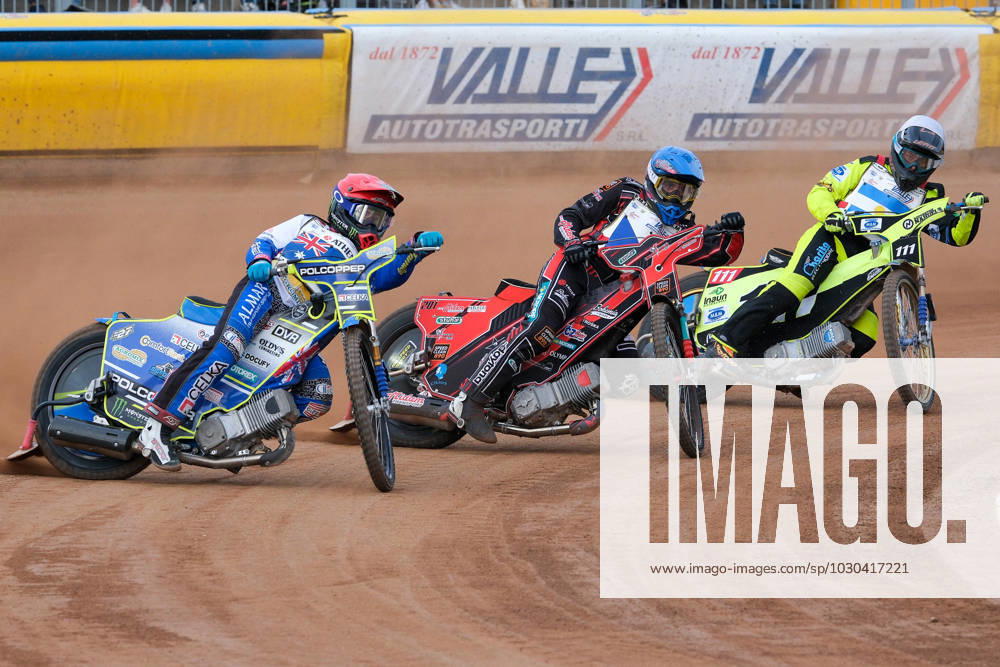 KW21 FIM Speedway World Championship, WM, Weltmeisterschaft In Lonigo (L to R) Jaimon Lidsey (AUS), Jan Kvech (CZE), Eber Ampugnani (ARG) in action during 2023 FIM Speedway World Championship - Q.R.1, at Santa Marina Circuit in Lonigo (Vicenza), Italy on May 27, 2023. Lonigo Italy Italy