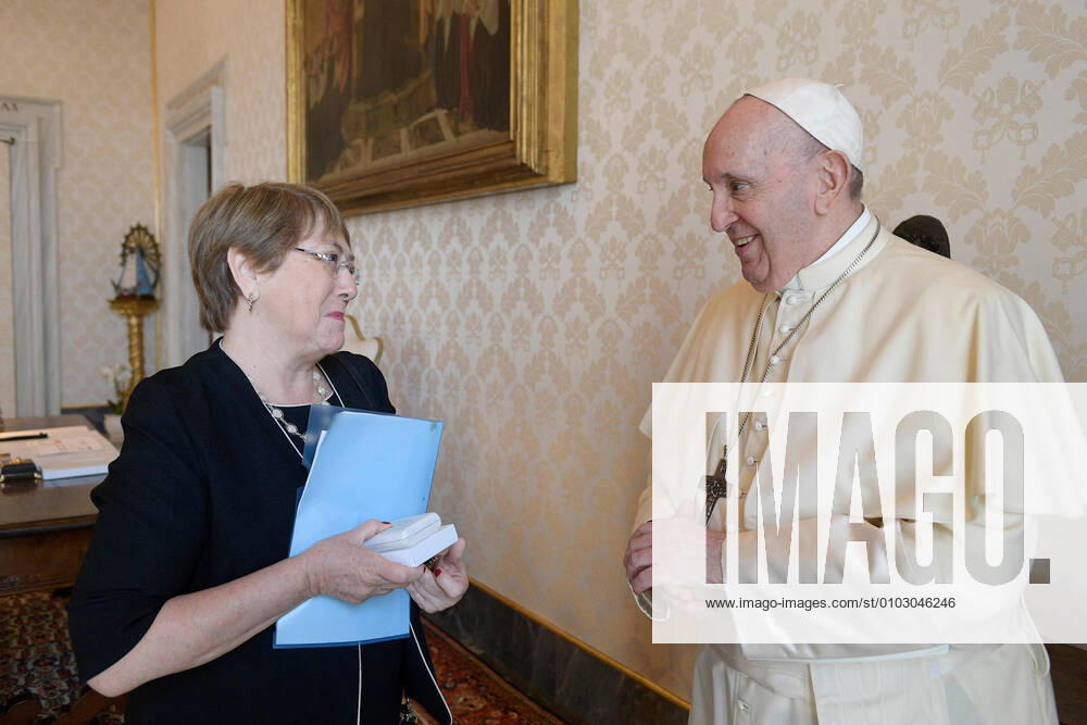 NO FRANCE - NO SWITZERLAND: August 12, 2020 : Pope Francis receiving Michelle Bachelet, United Nations High Commissioner for Human Rights at the Vatican