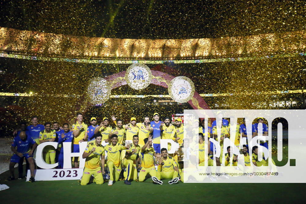 KW22 Cricket, IPL Finale, Chennai Super Kings - Gujarat Titans Chennai Super Kings players celebrate with the trophy after winning final match of IPL 2023 Ahmedabad, May 30 (ANI): Chennai Super Kings players celebrate with the trophy after winning the final match of Indian Premier League 2023 by beating Gujarat Titans with 5 wickets, at Narendra Modi Stadium, in Ahmedabad on Tuesday. Ahmedabad Gujarat India