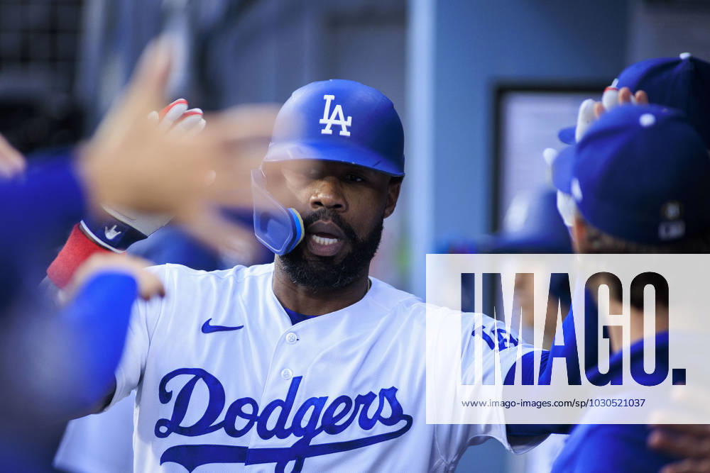 Jason Hayward 23 of the Los Angeles Dodgers is congratulated after hitting a solo home run in the second inning during their MLB, Baseball Herren, USA regular season game against the Washington Nationals on Tuesday May 30, 2023 at Dodger Stadium in Los Angeles, California. Dodgers beat Nationals, 9-3. PI Los Angeles USA - ZUMAp124 20230530_zaa_p124_039