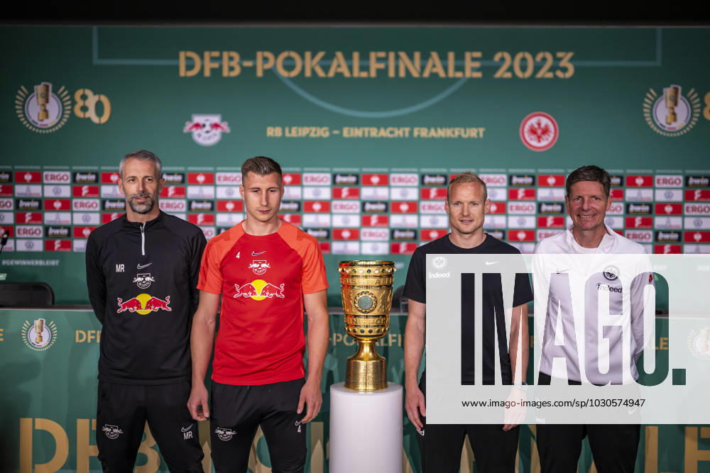 football DFB Pokal final 2023, RB Leipzig Eintracht Frankfurt, training and press conference, f l coach Marco Rose RB Leipzig RasenBallsport Leipzig , Willi Orban RB Leipzig RasenBallsport Leipzig , Sebastian Rode Eintracht Frankfurt , coach Oilver Glasner Eintracht Frankfurt Berlin