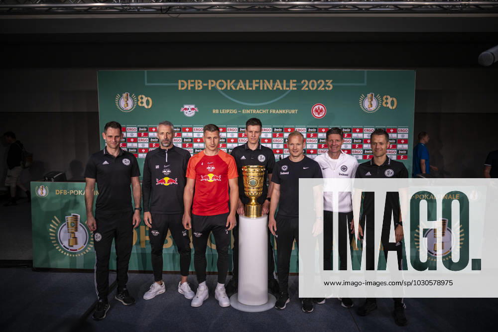 Football DFB Cup Final 2023, RB Leipzig Eintracht Frankfurt, training and press conference, f l Fourth official Rafael Foltyn, coach Marco Rose RB Leipzig RasenBallsport Leipzig , Willi Orban RB Leipzig RasenBallsport Leipzig , Referee Daniel Siebert, Sebastian Rode Eintracht Frankfurt , Coach Oilver Glasner Eintracht Frankfurt , Fourth official Jan Seidel Berlin