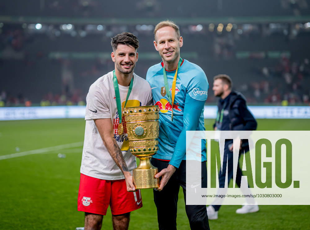 Leipzig goalkeeper Peter Gulacsi and Dominik Szoboszlai cheer after the match with the cup DFB Pokalfinale 2023 Eintracht Frankfurt RB Leipzig 0 2 3 June 2023 Olympiastadion, Berlin SG Eintracht Frankfurt RB Leipzig 0 2