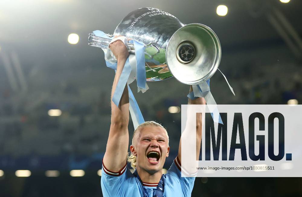 Mandatory Credit: Photo by Kieran McManus Shutterstock (13949252ec) Erling Haaland of Manchester City celebrates with the trophy. Manchester City v Inter Milan, UEFA Champions League, Final, Football, Ataturk Stadium, Istanbul, Turkey - 10 Jun 2023 Manchester City v Inter Milan, UEFA Champions League, Final, Football, Ataturk Stadium, Istanbul, Turkey - 10 Jun 2023