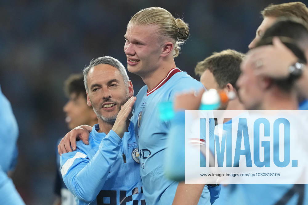 Erling Haland of Manchester City celebrates the victory of UEFA Champions League trophy at the end of the Uefa Champions League Final match between Manchester City and FC Internazionale at Ataturk Olympic Stadium Istanbul Turkey on 10 June 2023. Istanbul Ataturk Olympic Stadium Istanbul Turkey