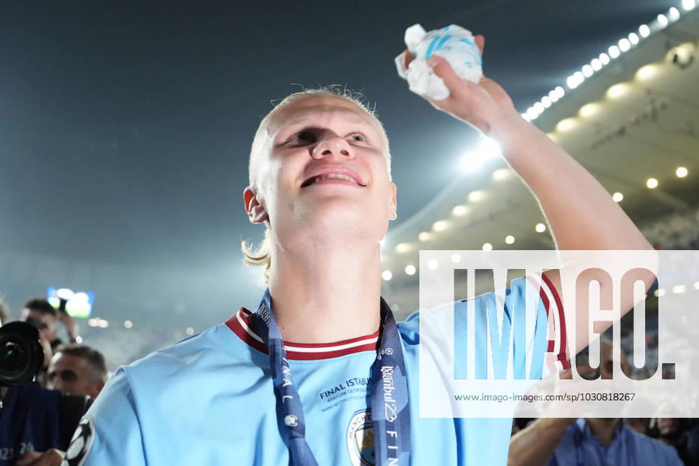 Erling Haland of Manchester City celebrates the victory of UEFA Champions League trophy at the end of the Uefa Champions League Final match between Manchester City and FC Internazionale at Ataturk Olympic Stadium Istanbul Turkey on 10 June 2023. Istanbul Ataturk Olympic Stadium Istanbul Turkey