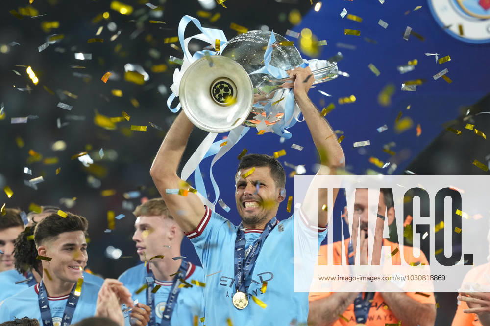 Ruben Dias of Manchester City celebrates the victory of UEFA Champions League trophy at the end of the Uefa Champions League Final match between Manchester City and FC Internazionale at Ataturk Olympic Stadium Istanbul Turkey on 10 June 2023. Istanbul Ataturk Olympic Stadium Istanbul Turkey