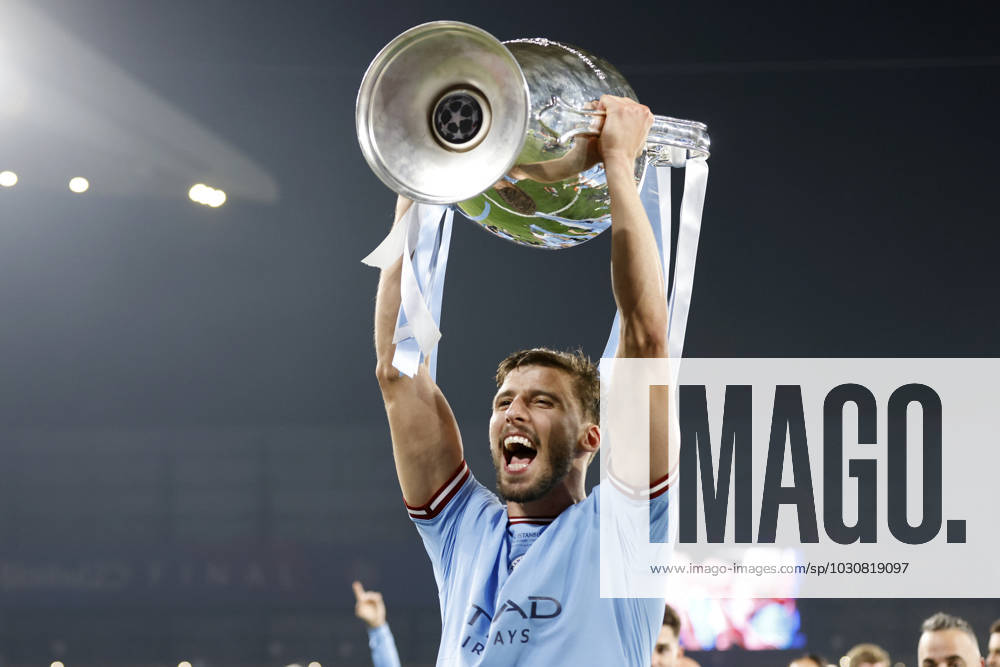 FC Internazionale v Manchester City FC - UEFA Champions League Final 2022 23 Ruben Dias of Manchester City celebrates with the trophy after the UEFA Champions League 2022 23 final match between FC Internazionale and Manchester City at Ataturk Olympic Stadium on June 10, 2023 in Istanbul, Turkey. Istanbul Ataturk Olympic Stadium Turkey Turkey