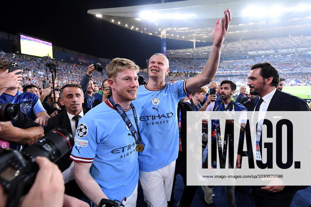 Soccer Champions League final Manchester City Inter Milan on 10 06 2023 at the Ataturk Olympic Stadium in Istanbul Kevin de Bruyne Manchester , left Erling Haaland Manchester , right cheering joy emotions