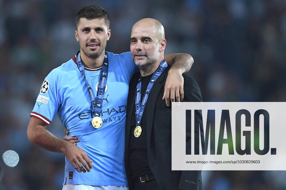 Soccer Champions League final Manchester City Inter Milan on 10 06 2023 at Ataturk Olympic Stadium in Istanbul Rodri Manchester , left Josep Pep Guardiola coach head coach Manchester , right