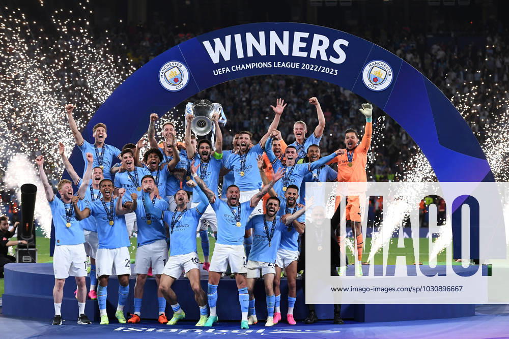 Soccer Champions League final Manchester City Inter Milan on 10 06 2023 in Atatürk Olympic Stadium in Istanbul award ceremony cup presentation Champions League winner 2023 Manchester City Ilkay Gündogan Manchester with trophy cup handle pot