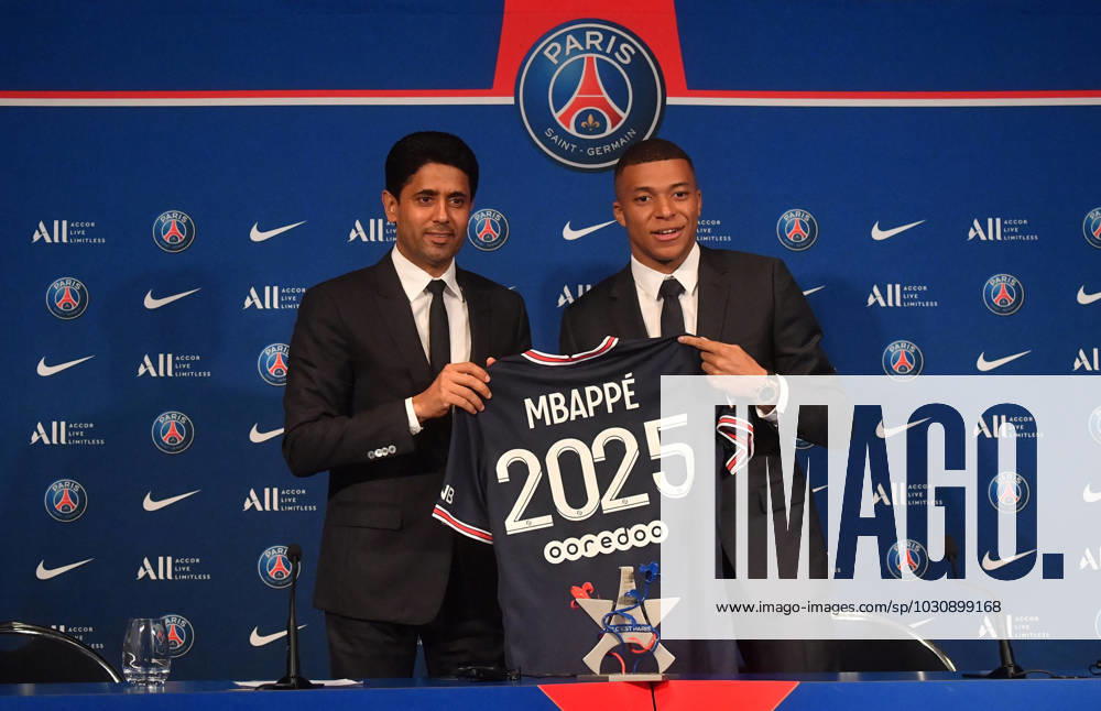 Kylian Mbappe press conference, PK, Pressekonferenz - Paris PSG President Nasser al-Khelaifi and Paris Saint-Germain s French forward Kylian Mbappe attends a press conference at the Parc des Princes stadium in Paris on May 23, 2022, two days after the club won the Ligue 1 title for a record-equalling tenth time and its superstar striker Mbappe chose to sign a new contract until 2025 at PSG rather than join Real Madrid. Photo by Christian Liewig ABACAPRESS.COM Paris France