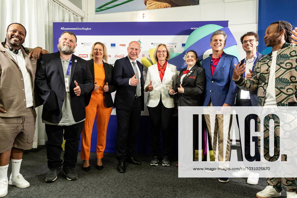 (L-R) Yosef Wolde-Mariam, Madcon, Mark Solomeyer, Vice President and Athlete Spokesperson Special Olympics Germany, Nancy Faeser, Federal Minister of the Interior and Home Affairs of Germany, Kai Wegner, Governing Mayor of Berlin, Christiane Krajewski, President Special Olympics Germany, Renee Manfredi SO Athlete and.Sargent Shriver International Global Messenger, Timothy Shriver, Chairman Special Olympics International, Sven Albrecht, CEO of the Organizing Committee for the Special Olympics World Games 2023 Berlin and Tshawe Baqwa, Madcon artists, authors of Berlin 2023 Games anthem attend the opening press conference, PK, Pressekonferenz in Messe Berlin conference centre. The Special Olympics Summer World Games start on June 17 in Berlin. The 2023 Berlin Games will host 7000 athletes with learning disabilities from 190 countries. It is the biggest sporting event of 2023. Berlin Germany - ZUMAs197 20230616_zaa_s197_176