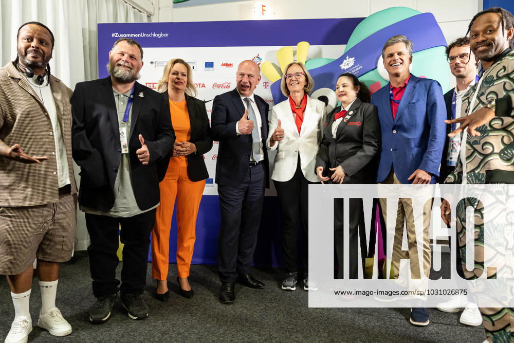 (L-R) Yosef Wolde-Mariam, Madcon, Mark Solomeyer, Vice President and Athlete Spokesperson Special Olympics Germany, Nancy Faeser, Federal Minister of the Interior and Home Affairs of Germany, Kai Wegner, Governing Mayor of Berlin, Christiane Krajewski, President Special Olympics Germany, Renee Manfredi SO Athlete and.Sargent Shriver International Global Messenger, Timothy Shriver, Chairman Special Olympics International, Sven Albrecht, CEO of the Organizing Committee for the Special Olympics World Games 2023 Berlin and Tshawe Baqwa, Madcon artists, authors of Berlin 2023 Games anthem attend the opening press conference, PK, Pressekonferenz in Messe Berlin conference centre. The Special Olympics Summer World Games start on June 17 in Berlin. The 2023 Berlin Games will host 7000 athletes with learning disabilities from 190 countries. It is the biggest sporting event of 2023. Berlin Germany - ZUMAs197 20230616_zaa_s197_177