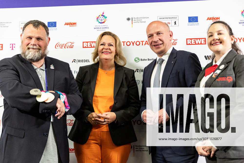 Mark Solomeyer, Vice President and Athlete Spokesperson Special Olympics Germany, Nancy Faeser, Federal Minister of the Interior and Home Affairs of Germany, Kai Wegner, Governing Mayor of Berlin, Renee Manfredi SO Athlete and.Sargent Shriver International Global Messenger attend the opening press conference, PK, Pressekonferenz in Messe Berlin conference centre. The Special Olympics Summer World Games start on June 17 in Berlin. The 2023 Berlin Games will host 7000 athletes with learning disabilities from 190 countries. It is the biggest sporting event of 2023. Berlin Germany - ZUMAs197 20230616_zaa_s197_178