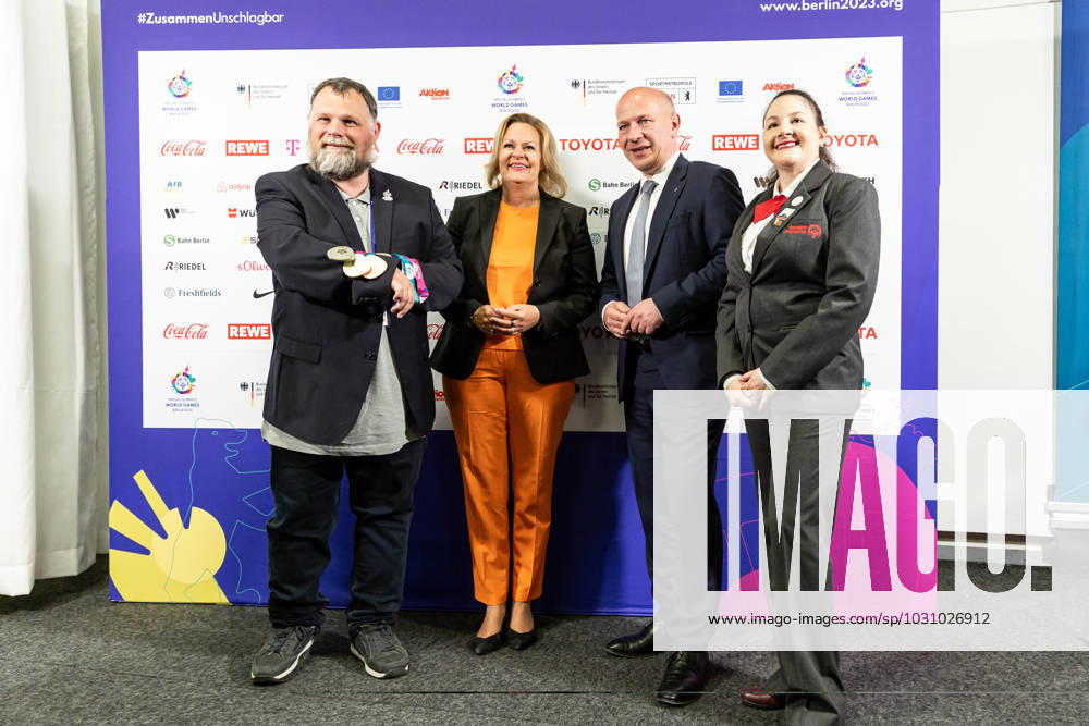 Mark Solomeyer, Vice President and Athlete Spokesperson Special Olympics Germany, Nancy Faeser, Federal Minister of the Interior and Home Affairs of Germany, Kai Wegner, Governing Mayor of Berlin, Renee Manfredi SO Athlete and.Sargent Shriver International Global Messenger attend the opening press conference, PK, Pressekonferenz in Messe Berlin conference centre. The Special Olympics Summer World Games start on June 17 in Berlin. The 2023 Berlin Games will host 7000 athletes with learning disabilities from 190 countries. It is the biggest sporting event of 2023. Berlin Germany - ZUMAs197 20230616_zaa_s197_179