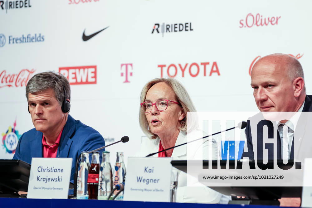 Timothy Shriver, Chairman Special Olympics International, Christiane Krajewski, President Special Olympics Germany and Kai Wegner, Governing Mayor of Berlin attend the opening press conference, PK, Pressekonferenz in Messe Berlin conference centre. The Special Olympics Summer World Games start on June 17 in Berlin. The 2023 Berlin Games will host 7000 athletes with learning disabilities from 190 countries. It is the biggest sporting event of 2023. Berlin Germany - ZUMAs197 20000101_zaa_s197_289