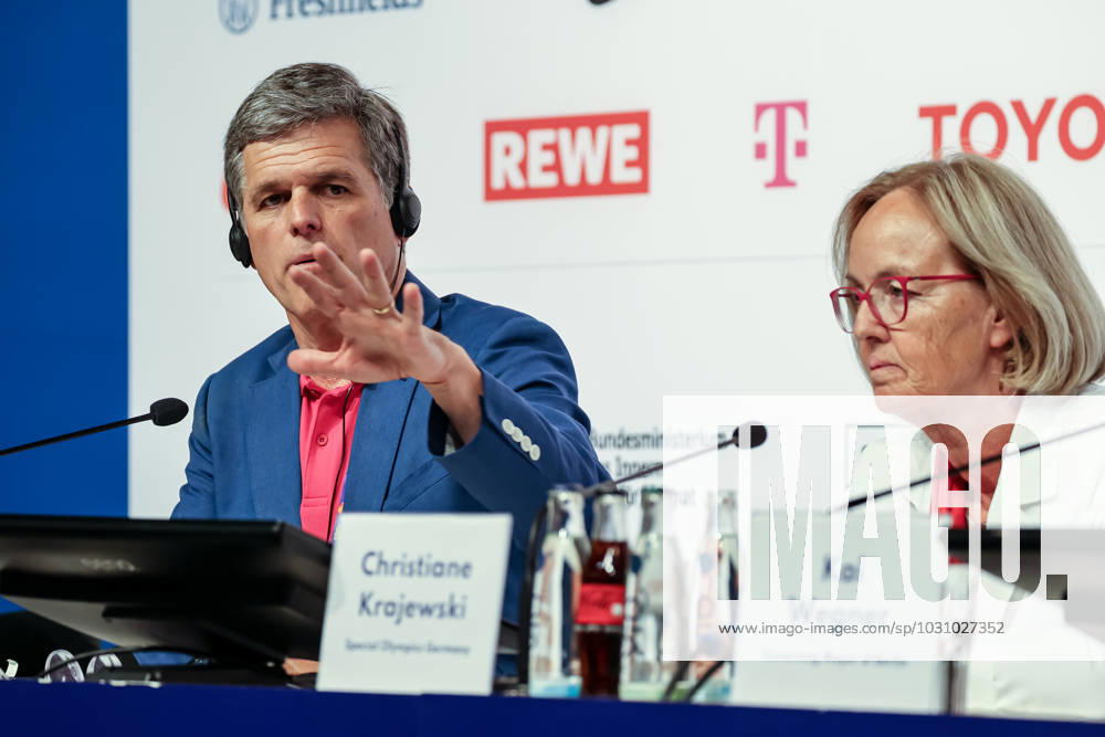 Timothy Shriver, Chairman Special Olympics International and Christiane Krajewski, President Special Olympics Germany attend the opening press conference, PK, Pressekonferenz in Messe Berlin conference centre. The Special Olympics Summer World Games start on June 17 in Berlin. The 2023 Berlin Games will host 7000 athletes with learning disabilities from 190 countries. It is the biggest sporting event of 2023. Berlin Germany - ZUMAs197 20000101_zaa_s197_299