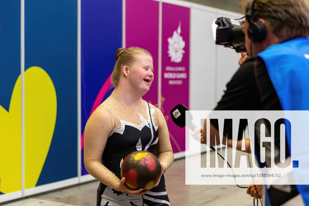 An athlete makes an interview as she competes in Rhythmic gymnastics, Rhythmische Sportgymnastik, RSG discipline during the Special Olympics Summer World Games Berlin 2023 in Messe conference centre. The 2023 Berlin Games will host 7000 athletes with learning disabilities from 190 countries. Special Olympics is an international charity which aims to include individuals with learning disabilities into the realm of olympic sports. Berlin 2023 is the biggest sporting as well as charitable event of 2023. Berlin Germany - ZUMAs197 20230618_zaa_s197_124