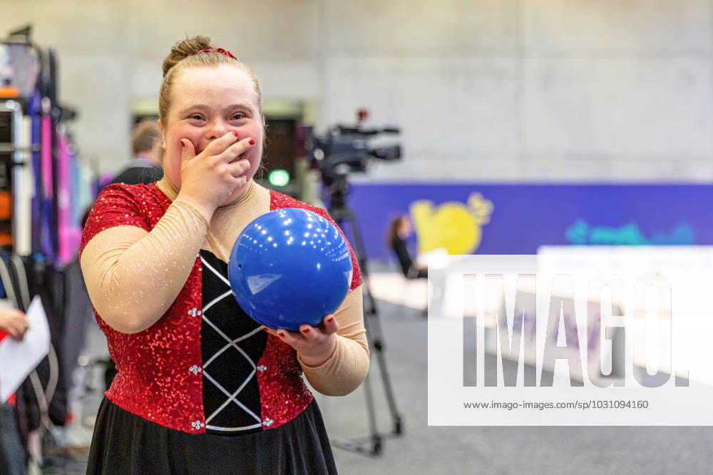 An athlete cheers as she competes in Rhythmic gymnastics, Rhythmische Sportgymnastik, RSG discipline during the Special Olympics Summer World Games Berlin 2023 in Messe conference centre. The 2023 Berlin Games will host 7000 athletes with learning disabilities from 190 countries. Special Olympics is an international charity which aims to include individuals with learning disabilities into the realm of olympic sports. Berlin 2023 is the biggest sporting as well as charitable event of 2023. Berlin Germany - ZUMAs197 20230618_zaa_s197_126