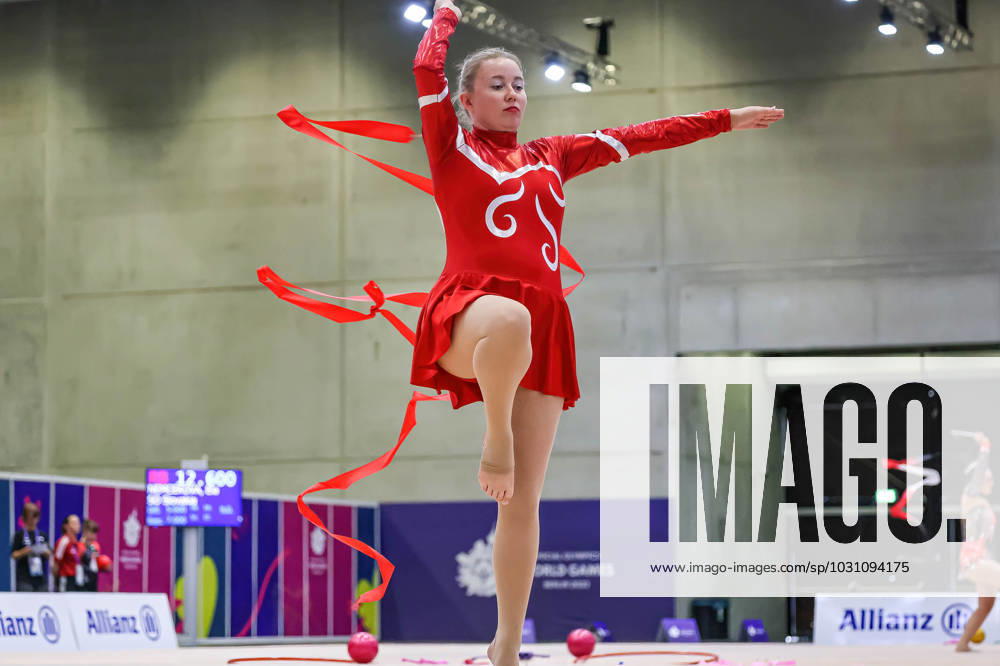An athlete competes in Rhythmic gymnastics, Rhythmische Sportgymnastik, RSG discipline during the Special Olympics Summer World Games Berlin 2023 in Messe conference centre. The 2023 Berlin Games will host 7000 athletes with learning disabilities from 190 countries. Special Olympics is an international charity which aims to include individuals with learning disabilities into the realm of olympic sports. Berlin 2023 is the biggest sporting as well as charitable event of 2023. Berlin Germany - ZUMAs197 20230618_zaa_s197_131
