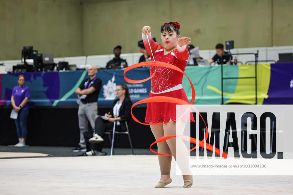 An athlete from Canada competes in Rhythmic gymnastics, Rhythmische Sportgymnastik, RSG discipline during the Special Olympics Summer World Games Berlin 2023 in Messe conference centre. The 2023 Berlin Games will host 7000 athletes with learning disabilities from 190 countries. Special Olympics is an international charity which aims to include individuals with learning disabilities into the realm of olympic sports. Berlin 2023 is the biggest sporting as well as charitable event of 2023. Berlin Germany - ZUMAs197 20230618_zaa_s197_135