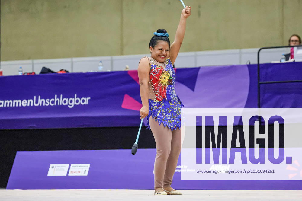 An athlete competes in Rhythmic gymnastics, Rhythmische Sportgymnastik, RSG discipline during the Special Olympics Summer World Games Berlin 2023 in Messe conference centre. The 2023 Berlin Games will host 7000 athletes with learning disabilities from 190 countries. Special Olympics is an international charity which aims to include individuals with learning disabilities into the realm of olympic sports. Berlin 2023 is the biggest sporting as well as charitable event of 2023. Berlin Germany - ZUMAs197 20230618_zaa_s197_146
