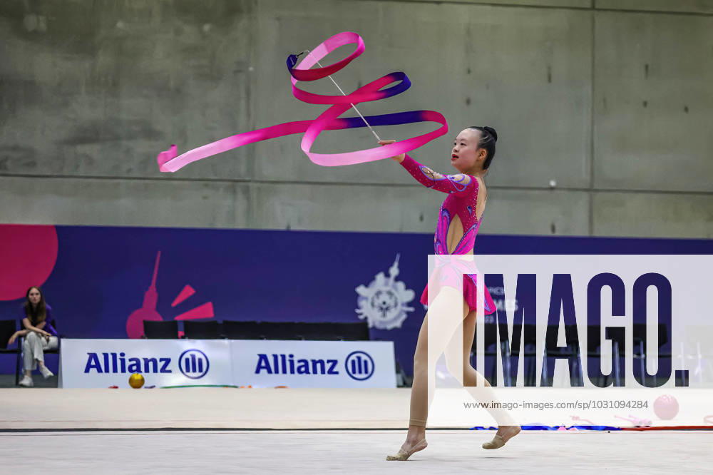 An athlete from Canada competes in Rhythmic gymnastics, Rhythmische Sportgymnastik, RSG discipline during the Special Olympics Summer World Games Berlin 2023 in Messe conference centre. The 2023 Berlin Games will host 7000 athletes with learning disabilities from 190 countries. Special Olympics is an international charity which aims to include individuals with learning disabilities into the realm of olympic sports. Berlin 2023 is the biggest sporting as well as charitable event of 2023. Berlin Germany - ZUMAs197 20230618_zaa_s197_148