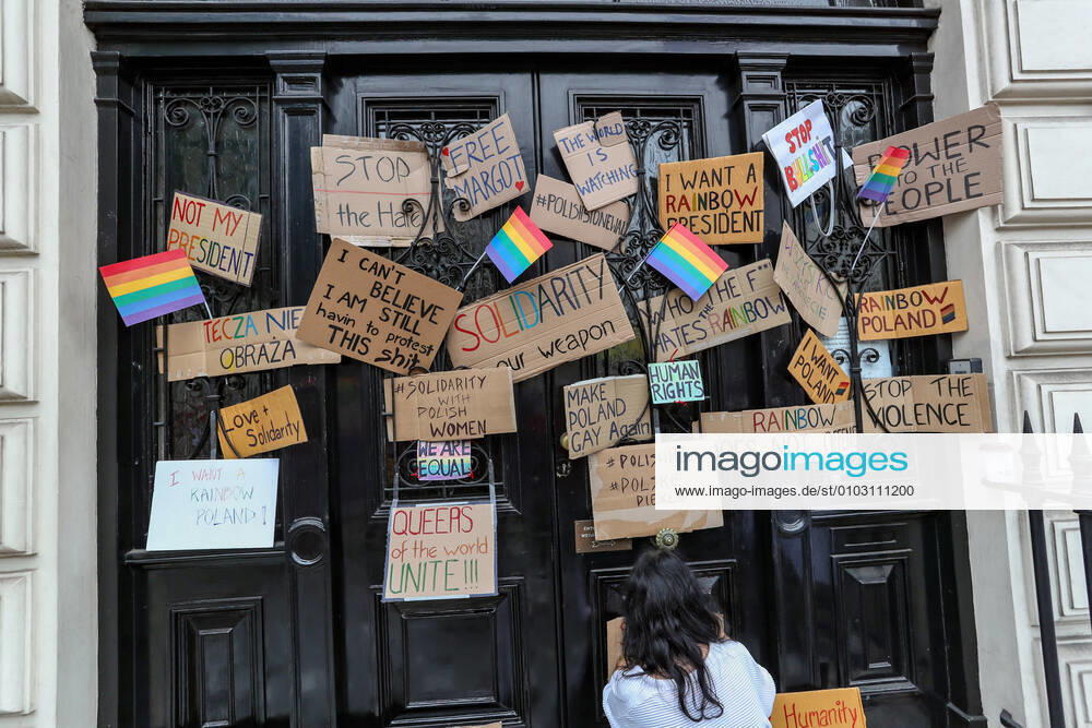 People organised by the Polish Rainbow UK gathered in front of the Polish Embassy in central London on Saturday, Aug 15, 2020 - to protest the latest Polish government crackdown on Polish LGBTQ activists. The arrest of a non-binary person on Aug. 7 underscores the growing crackdown against LGBTQ activists in Poland. Margot Szutowicz, who uses female pronouns, and nearly 50 others were arrested in Warsaw, the countrys capital, while protesting Szutowiczs imminent arrest for allegedly causing damage to a truck promoting anti-LGBTQ messages and assaulting a pro-life demonstrator on June 2. , Britain Protests Poland s LGBTQ Policies London Polish Embassy England United Kingdom ,