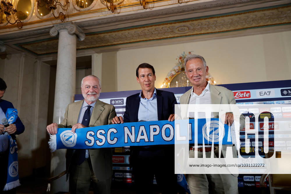 Rudy Garcia, Aurelio De Laurentiis owner of SSC Napoliand Sylvain Bellenger during Presentation of the new Napoli coach Rudy Garcia, italian soccer Serie A match in Naples, Italy, June 19 2023