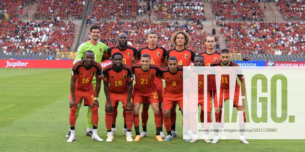 BRUSSELS - (back lr) Belgium goalkeeper Thibaut Courtois, Romelu Lukaku of Belgium, Leander Dendoncker of Belgium, Wout Faes of Belgium, Arthur Theate of Belgium (front lr) Dodi Lukebakio of Belgium, Orel Mangala of Belgium, Timothy Castagne of Belgium, Youri Tielemans of Belgium, Jeremy Doku of Belgium, Yannick Carrasco of Belgium during the UEFA EURO, EM, Europameisterschaft,Fussball 2024 qualifying match between Belgium and Austria at King Baudouin Stadium on June 17, 2023 in Brussels, Belgium. AP Dutch Height UEFA EURO 2024 Qualifying Round - group F 2022 2023 ANPxSportx xGerritxvanxKeulenxIVx 471999435 originalFilename: 471999435