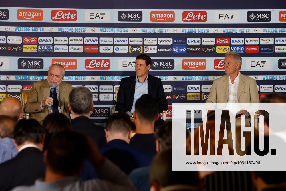 Rudy Garcia, Aurelio De Laurentiis owner of SSC Napoli during Presentation of the new Napoli coach Rudy Garcia, italian soccer Serie A match in Naples, Italy, June 19 2023