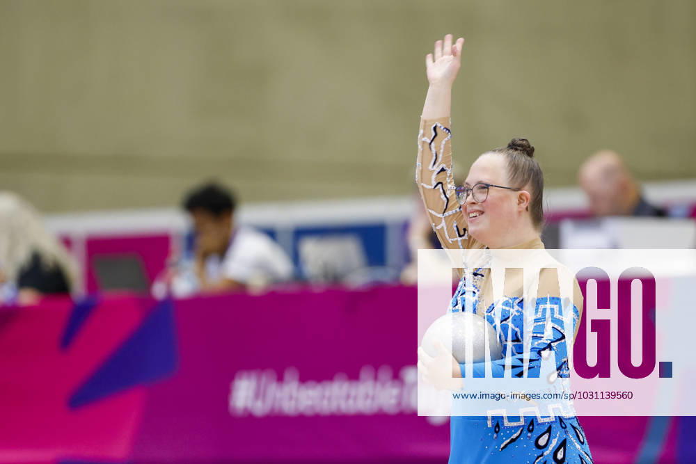 SEPCIAL OLYMPICS WORLD GAMES Special Olympics World Games Berlin 2023 4 day 20 June 2023 rhythmic gymnastics Emilie Soiland from Norway thanks fans after her performance Berlin Berlin Germany
