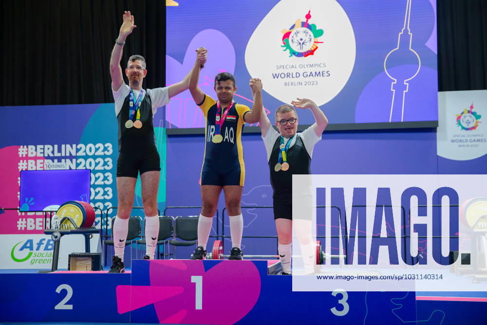 SPECIAL OLYMPICS - World Summer Games 2023 BERLIN,GERMANY,20.JUN.23 - SPECIAL OLYMPICS - World Summer Games 2023, powerlifting. Image shows ascha Maikl (AUT), Abbas Taresh (IRQ) and Marcel Golacz (AUT) GEPAxpictures xGintarexKarpaviciute