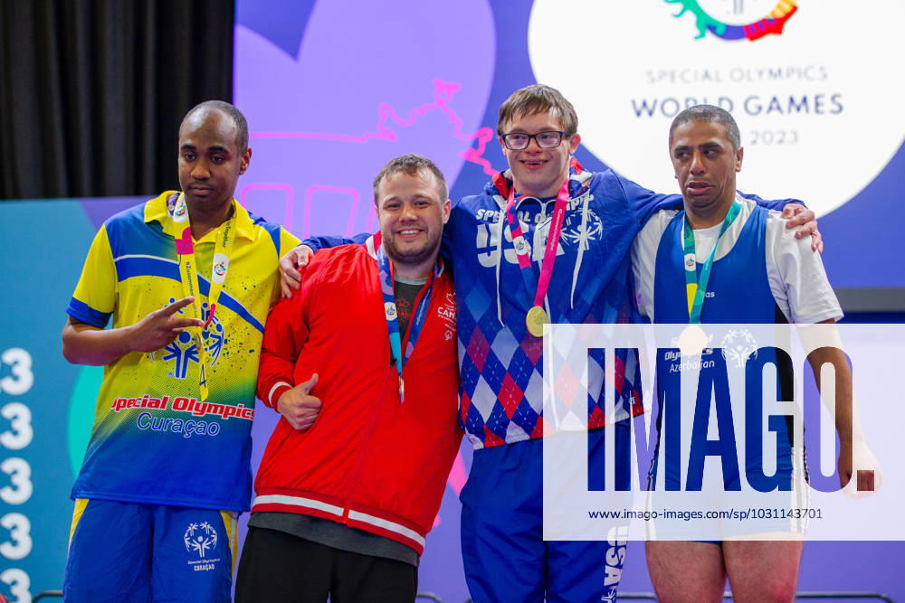 SPECIAL OLYMPICS - World Summer Games 2023 BERLIN,GERMANY,20.JUN.23 - SPECIAL OLYMPICS - World Summer Games 2023, powerlifting. Image shows Jiven Naaldijk (CUW), David Nicholson (CAN), Mitch Betsworth (USA) and Gadim Abbasov (AZE) GEPAxpictures xGintarexKarpaviciute