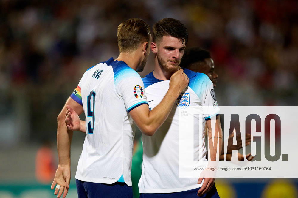 England national soccer team captain Harry Kane (L) celebrates scoring a penalty with Declan Rice (R) during the UEFA EURO, EM, Europameisterschaft,Fussball 2024 European qualifying soccer match between Malta and England at the National Stadium, Ta Qali, Malta, on 16 June 2023. Malta v England - UEFA EURO 2024 European Qualifier