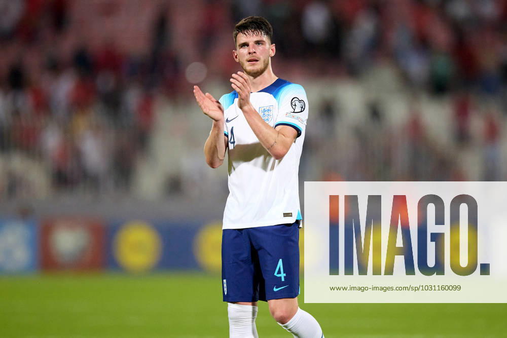 England national soccer team player Declan Rice salutes the England fans (not in picture) after the UEFA EURO, EM, Europameisterschaft,Fussball 2024 European qualifying soccer match between Malta and England at the National Stadium, Ta Qali, Malta, on 16 June 2023. Malta v England - UEFA EURO 2024 European Qualifier