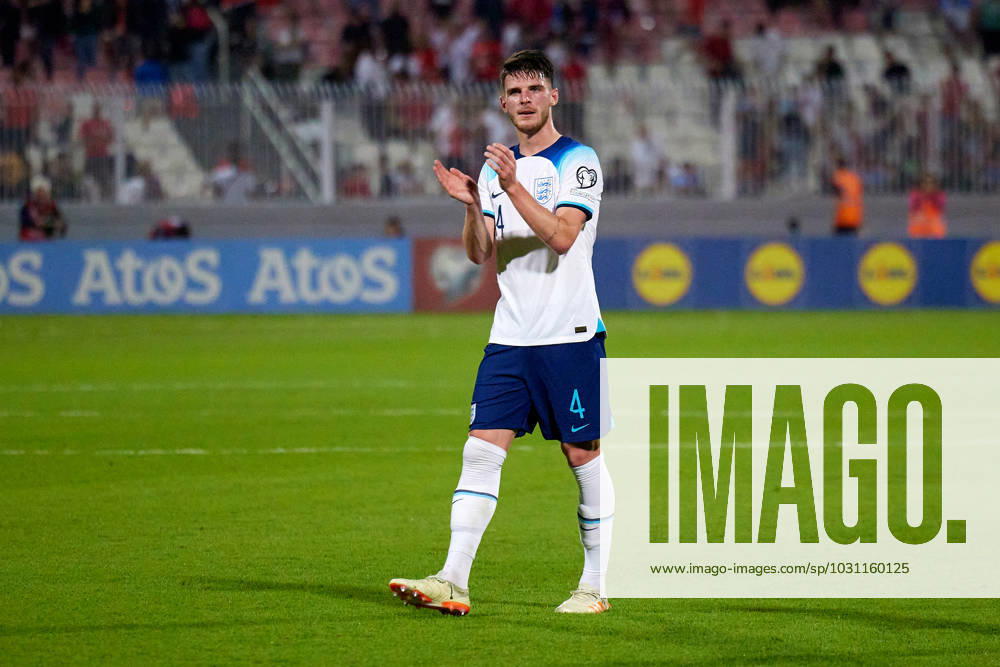 England national soccer team player Declan Rice salutes the England fans (not in picture) after the UEFA EURO, EM, Europameisterschaft,Fussball 2024 European qualifying soccer match between Malta and England at the National Stadium, Ta Qali, Malta, on 16 June 2023. Malta v England - UEFA EURO 2024 European Qualifier