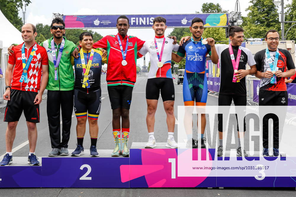 Special Olympics World Games In Berlin 2023 - Day 5 Cycling athletes receive their medals after participating in a 5 kilometer race during the Special Olympics Summer World Games Berlin 2023 in front of the Brandenburg Gate on BundesStrasse in the center of Berlin, Germany on June 21, 2023. The 2023 Berlin Games hosts 7000 athletes with learning disabilities from nearly 190 countries. Special Olympics is an international charity which aims to include individuals with learning disabilities into the realm of olympic sports. Berlin 2023 is the biggest sporting as well as charitable event of 2023. Berlin Berlin Germany