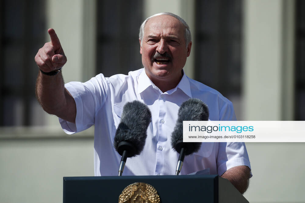 Belarus President Alexander Lukashenko speaks during a rally of his supporters in Independence Square. Following the announcement of the election results on 9 August, mass protests have been held in Minsk and other cities across Belarus. Valery Sharifulin TASS TS0E3790