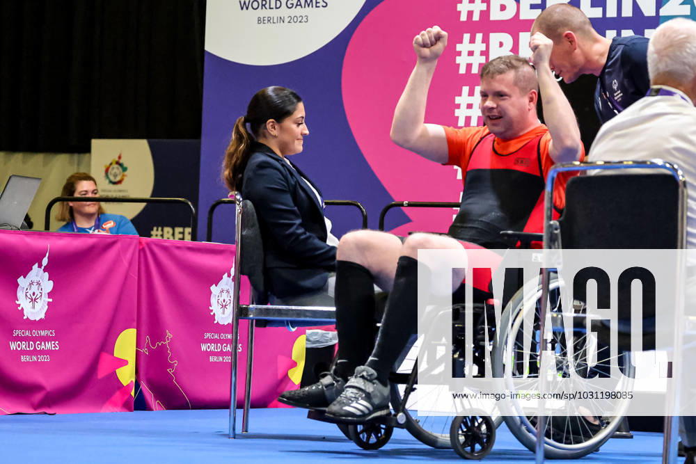 Special Olympics World Games In Berlin 2023 - Day 7 A powerlifting athlete from Iceland who mobilizes on wheelchair competes cheers after dead lift competitin during the Special Olympics Summer World Games Berlin 2023 in Messe Conference Centrein the center of Berlin, Germany on June 23, 2023. The 2023 Berlin Games hosts 7000 athletes with learning disabilities from nearly 190 countries. Special Olympics is an international charity which aims to include individuals with learning disabilities into the realm of olympic sports. Berlin 2023 is the biggest sporting as well as charitable event of 2023. Berlin Berlin Germany