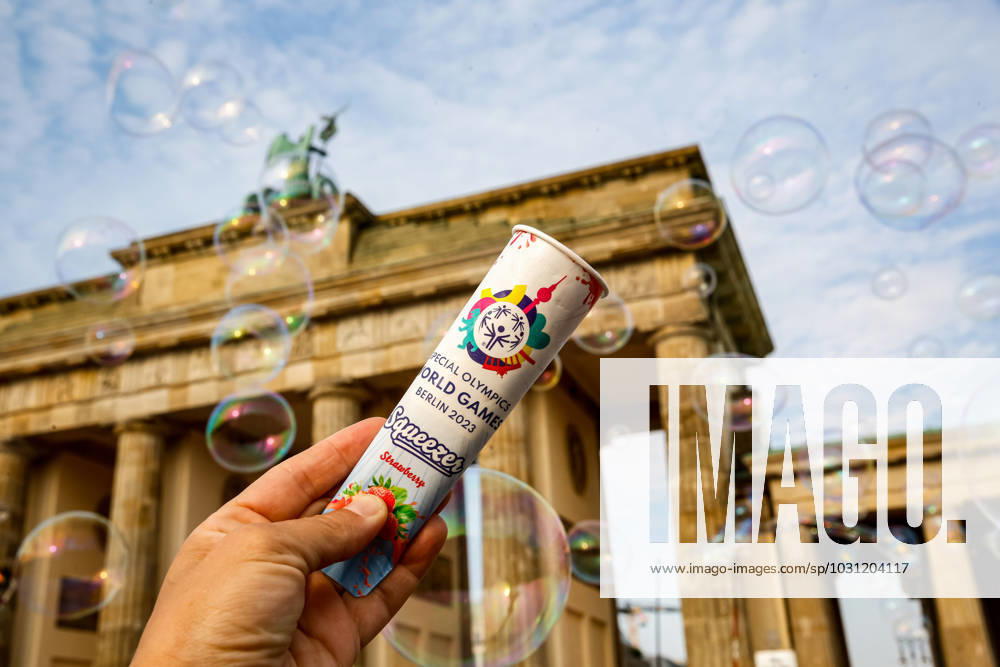 Special Olympics ice-cream is being distributed during the street party for athletes and supporters of the Special Olympics. Summer World Games Berlin 2023 in front of the Brandenburg Gate in the center of Berlin. The 2023 Berlin Games hosts 7000 athletes with learning disabilities from nearly 190 countries. Special Olympics is an international charity which aims to include individuals with learning disabilities into the realm of Olympic sports. Berlin 2023 is the biggest sporting and charitable event of 2023. Berlin Germany - ZUMAs197 20230622_zaa_s197_571