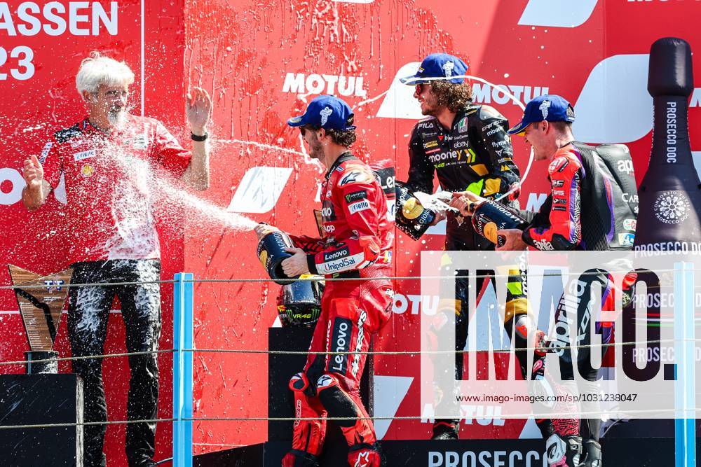 KW25 ASSEN - (lr) Francesco Bagnaia (first), MarcoBezzecchi (second), Aleix Espargaro (third) on the podium after the MotoGP on June 25, 2023 at the TT circuit of Assen, Netherlands. ANP VINCENT JANNINK MotoGP of Netherlands - Previews 2023 2024 ANPxSportx IVx 472426070 originalFilename: 472426070