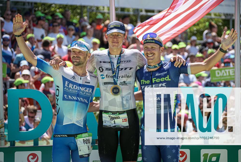Challenge Roth Triathlon 25 06 23 The podium of the Challenge Roth 2023 from left Patrick Lange place 2 , Magnus Ditlev place 1 , Ben Kanute place 3 Roth Bavaria Germany IKT_0727