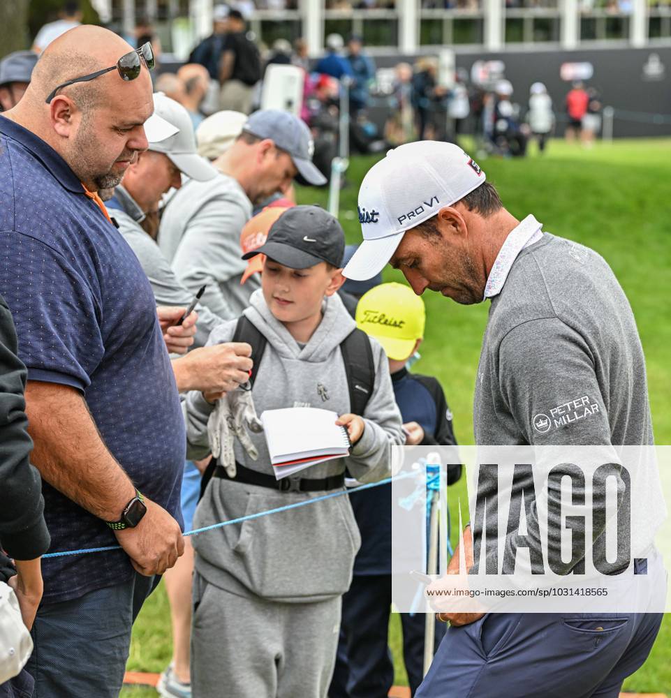 2nd July 2023; The Belfry, Sutton Coldfield, West Midlands, England: Betfred British Masters Golf, Day 4; Edoardo Molinari signs autographs for fans by the 18th green ActionPlus12526243 GodfreyxPitt