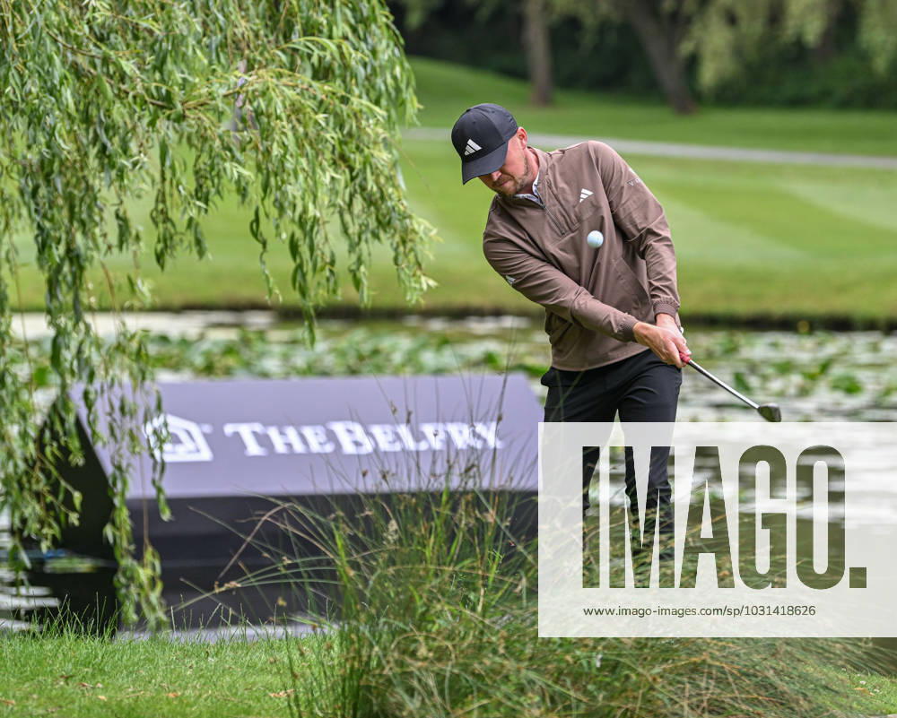 2nd July 2023; The Belfry, Sutton Coldfield, West Midlands, England: Betfred British Masters Golf, Day 4; Richard Mansell chips high onto the green after taking a drop for finding the greenside pond ActionPlus12526225 GodfreyxPitt