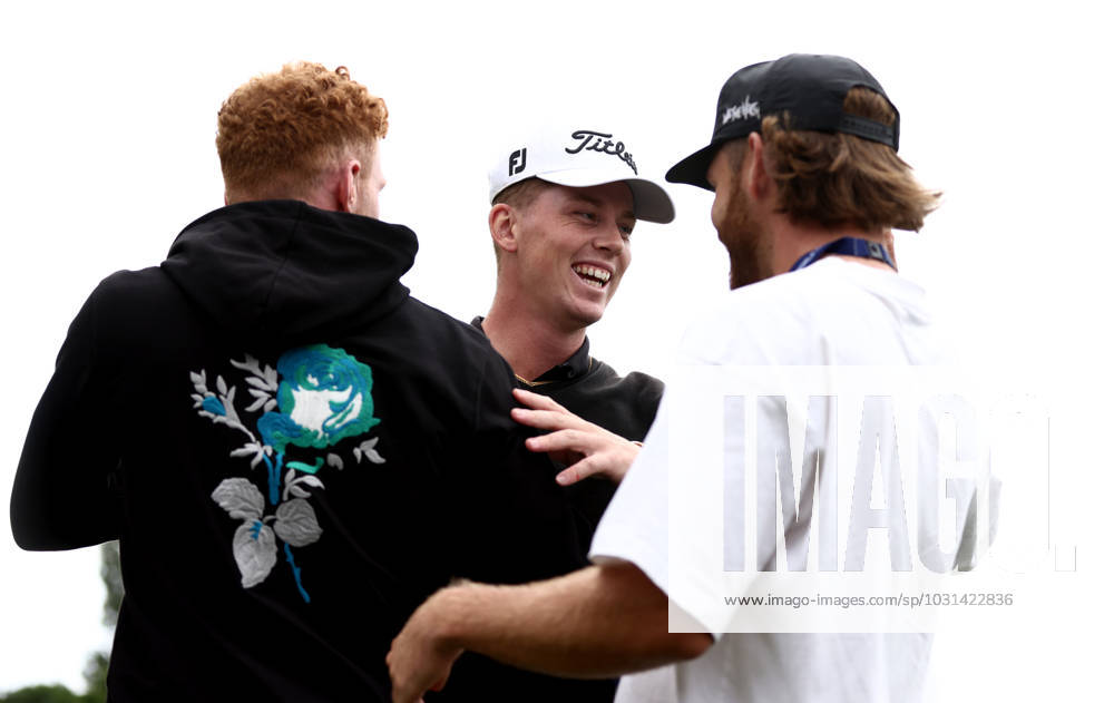Mandatory Credit: Photo by James Marsh Shutterstock (13987427aj) Daniel Hillier of New Zealand celebrates with friends and family on the 18th hole. Betfred British Masters, Day Four, Golf, The Belfry Golf Club, Sutton Coldfield, UK - 02 Jul 2023 Betfred British Masters, Day Four, Golf, The Belfry Golf Club, Sutton Coldfield, UK - 02 Jul 2023
