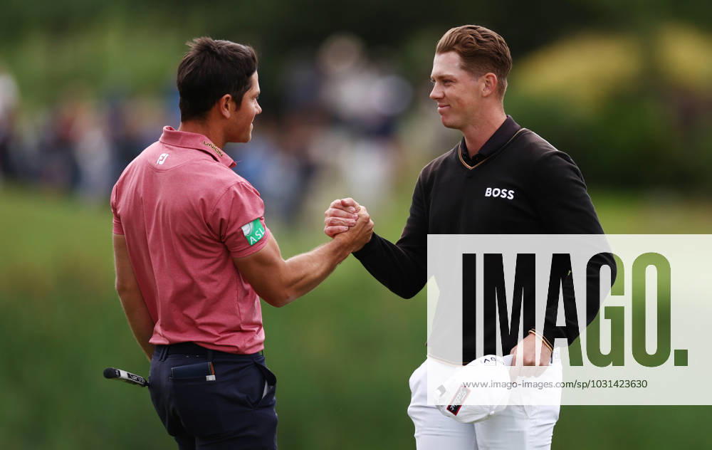 Mandatory Credit: Photo by James Marsh Shutterstock (13987427bc) Daniel Hillier of New Zealand shakes hands with Rhys Enoch of Wales on the 18th hole. Betfred British Masters, Day Four, Golf, The Belfry Golf Club, Sutton Coldfield, UK - 02 Jul 2023 Betfred British Masters, Day Four, Golf, The Belfry Golf Club, Sutton Coldfield, UK - 02 Jul 2023