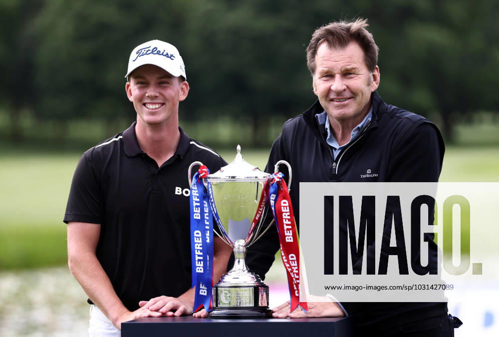 Mandatory Credit: Photo by James Marsh Shutterstock (13987427bk) Daniel Hillier of New Zealand celebrates with the trophy after winning the tournament next to host Sir Nick Faldo. Betfred British Masters, Day Four, Golf, The Belfry Golf Club, Sutton Coldfield, UK - 02 Jul 2023 Betfred British Masters, Day Four, Golf, The Belfry Golf Club, Sutton Coldfield, UK - 02 Jul 2023